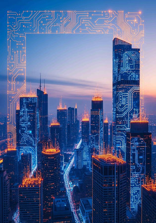 Modern cityscape with skyscrapers. Double exposureの写真素材