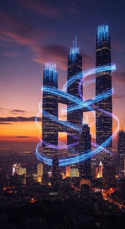 DNA hologram over modern city skyline at night, research and development conceptの写真素材