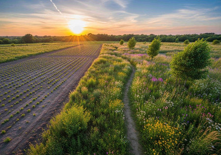 Sunset over a field with wildflowers in summer, Poland