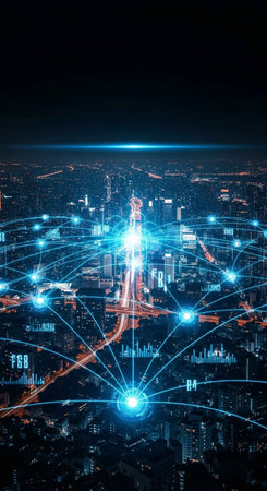 Cityscape of modern city and network connection concept. 3D rendering