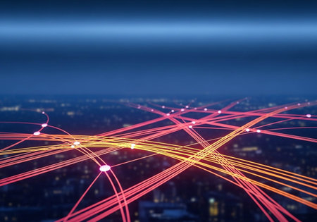 Glowing abstract connection lines on night city background. Network concept. 3D Rendering