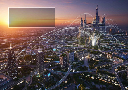 Smart city with wireless communication network and internet of things (IOT) concept.