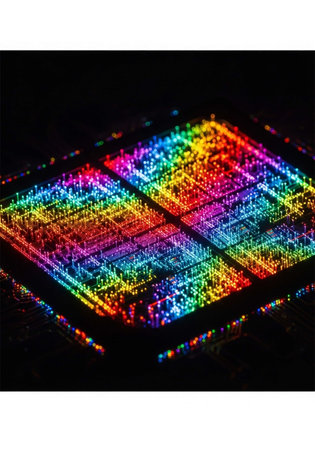Close-up of a microcircuit with multi-colored lightsの写真素材