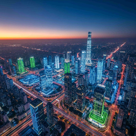 Aerial view of Shanghai skyline at night,China.