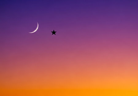 Moon and star in the sky at sunset. Colorful background.の写真素材
