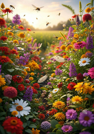 Colorful summer flowers in the field at sunset. Nature background.