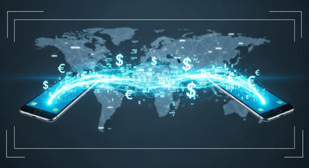 Smartphones with glowing digital business interface and world map. 3D Renderingの写真素材