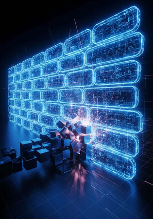 abstract 3d rendering of brick wall and cubes in blue light
