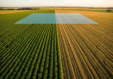 Aerial view of soybean field with rows of young plants.の写真素材