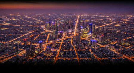Aerial view of Shanghai skyline at night in China, Asia.