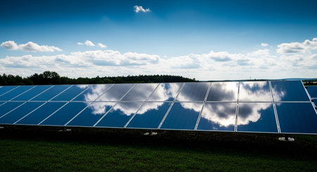Solar panels with blue sky and white clouds, photovoltaic, alternative electricity source