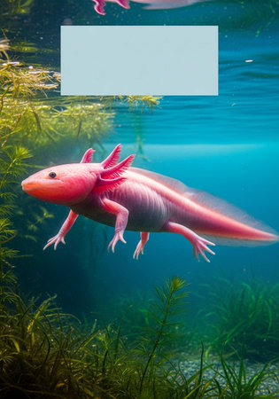 Red axolotl swimming in the aquarium with copyspaceの写真素材