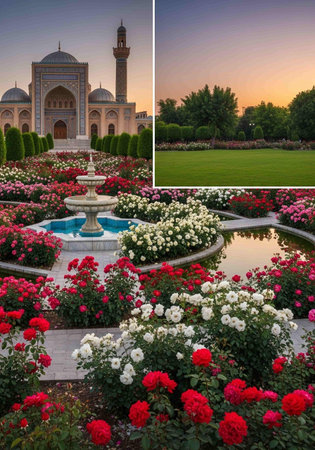 collage of beautiful landscape with mosque and rose garden at sunset.の写真素材