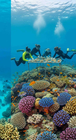 Group of scuba divers on a colorful tropical coral reef in the Red Seaの写真素材