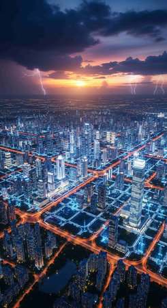 Aerial view of modern city at night, Shanghai, China.の写真素材