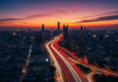 Aerial view of highway traffic light trails and city skyline at duskの写真素材