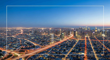 Cityscape at night with white frame for textの写真素材