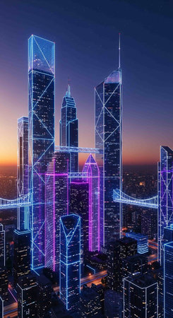 Night cityscape with skyscrapers and neon lights, 3D renderingの写真素材