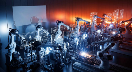 Industrial robot arm production line. 3d rendering toned image double exposure