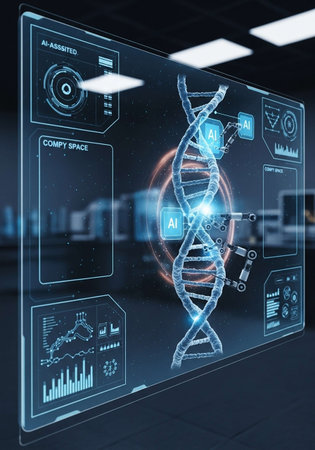 Science hologram with DNA molecule on interior background. 3D renderingの写真素材