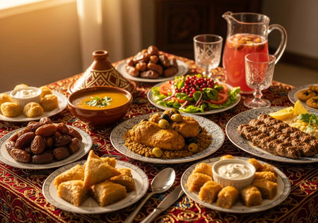 Traditional Turkish and Greek dinner table with various dishes, food and drinksの写真素材