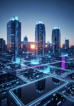 Skyscrapers in the city at night. 3d renderingの写真素材