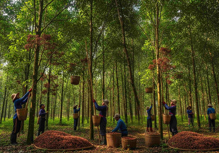 Unidentified workers are picking coffee beans from the tree in the plantation.の写真素材