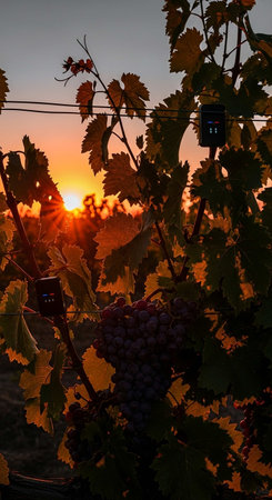 Grapes in the vineyard at sunset, Tuscany, Italyの写真素材