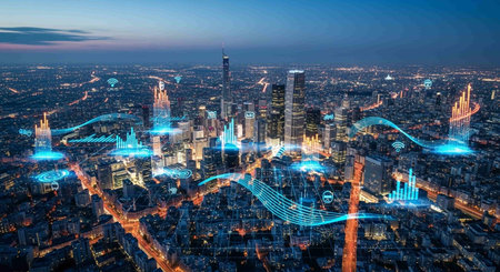 Aerial view of New York city at night. 3D rendering