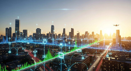 Smart city and wireless communication network. Concept of 5G wireless digital connection and...