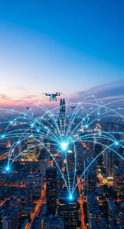 Abstract network connection concept over cityscape and drone flying over the city at night