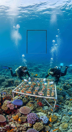 Underwater view of a coral reef with scuba divers and copy spaceの写真素材