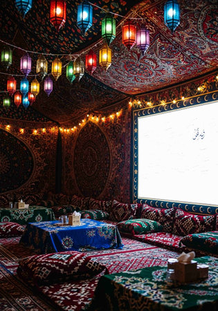 Interior of a restaurant with traditional arabian style furniture and lightsの写真素材