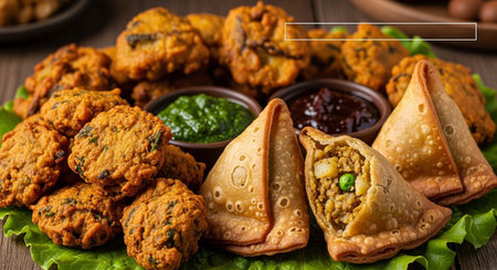 Indian Traditional Cuisine. Assorted Indian Snacks on Wooden Background