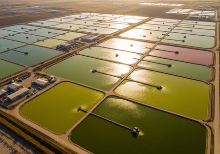 Aerial view of the salt fields in the Netherlands at sunset.