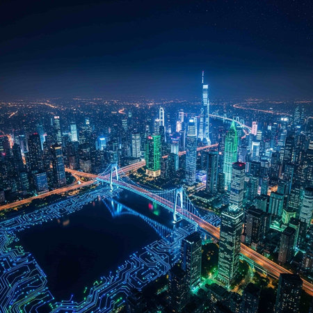 Night view of shanghai cityscape with skyscrapers and bridgeの写真素材