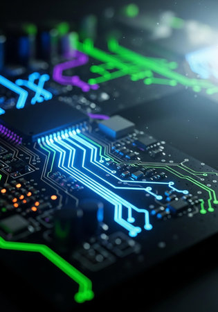 Electronic circuit board close-up. Technology background. 3d rendering