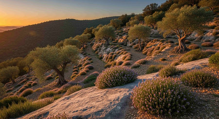 Sunset over the lavender fields in the Sierra Nevada mountains.の写真素材