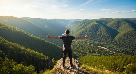 Man on top of a mountain with arms outstretched enjoying the view of the valleyの写真素材