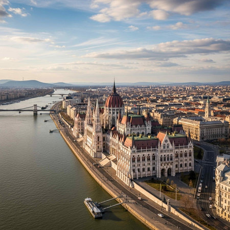 Aerial view of Budapest Parliament building and Danube river, Hungaryの写真素材