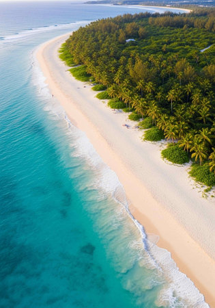 Aerial view of beautiful tropical beach and sea with coconut palm treeの写真素材