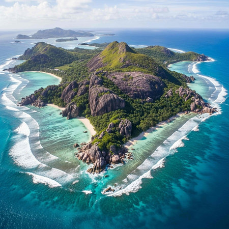 Aerial view of Seychelles islands, Anse Lazioの写真素材