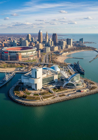Aerial view of Chicago and Lake Michigan in Illinois, USAの写真素材