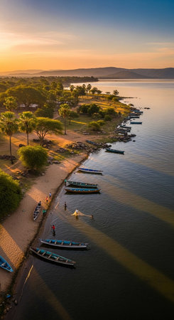Aerial view of fishing boats on the lake at sunset, South Australiaの写真素材