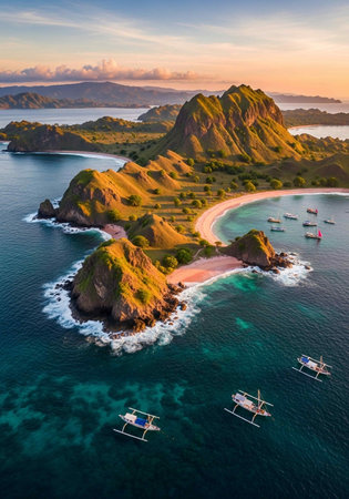 Aerial view of beautiful beach and sea at sunset time.の写真素材