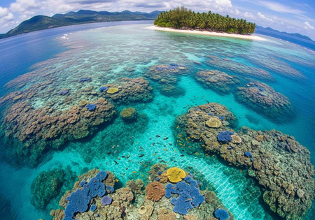 Aerial view of beautiful coral reef at Seychelles islandsの写真素材