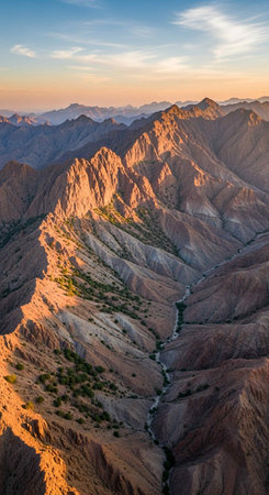 Aerial view of the mountains at sunset, Leh, Ladakh, Indiaの写真素材