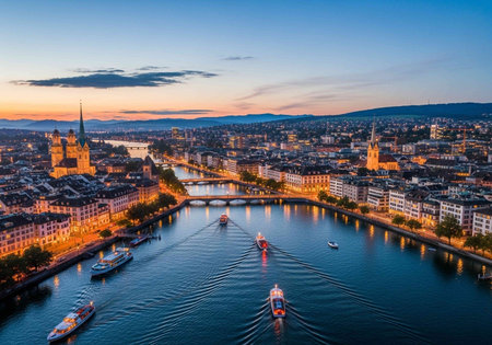 Aerial view of the city of Zurich at sunset, Switzerland.の写真素材