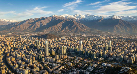 Aerial view of the city of Santiago de Chile, Chile.の写真素材