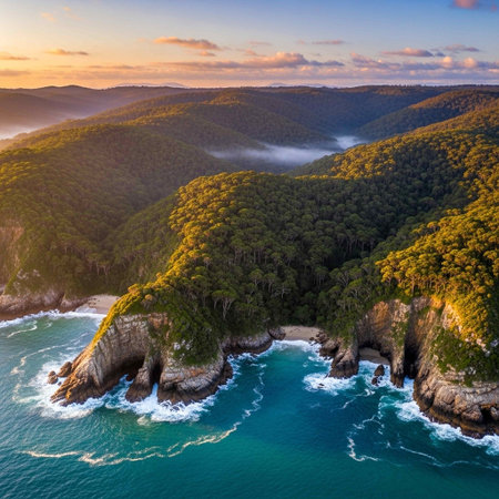 Aerial view of the cliffs at sunset in Australia.の写真素材